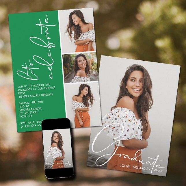 Convite 4 Verde de Graduação de Colagem de Fotos (Green graduation party invitations with your favorite photos.)