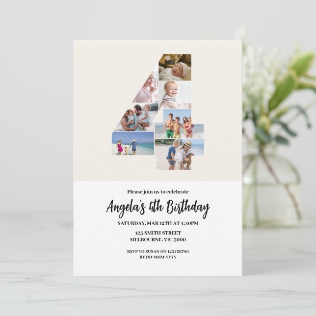 Convite 4th Birthday Invitation Minimalist - Number 4 (Em pé/Frente)