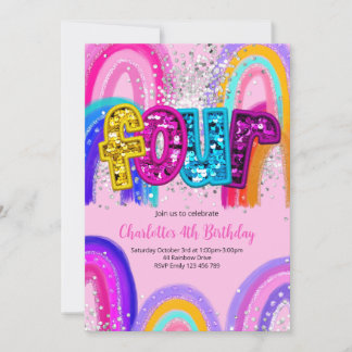 Convite 4th Birthday Sequin Rainbow Party Invitation