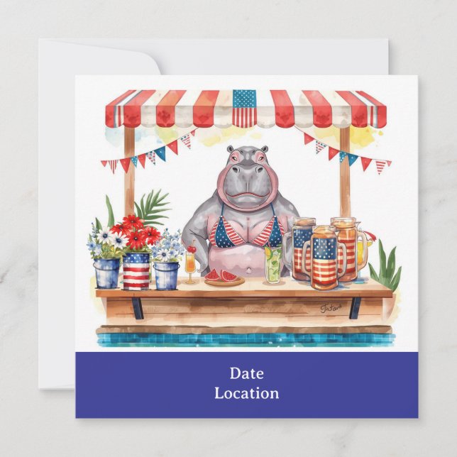 Convite 4th July Pool Party with Hippo in Bikini  (Frente)