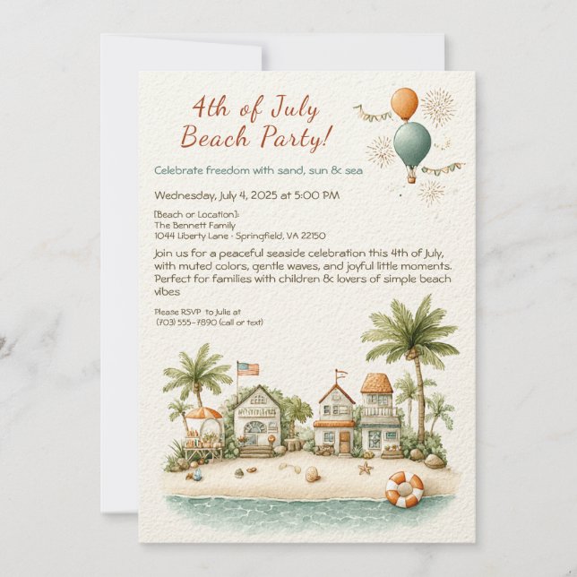 Convite 4th of July Beach Party Invitation – Soft Line Art (Frente)
