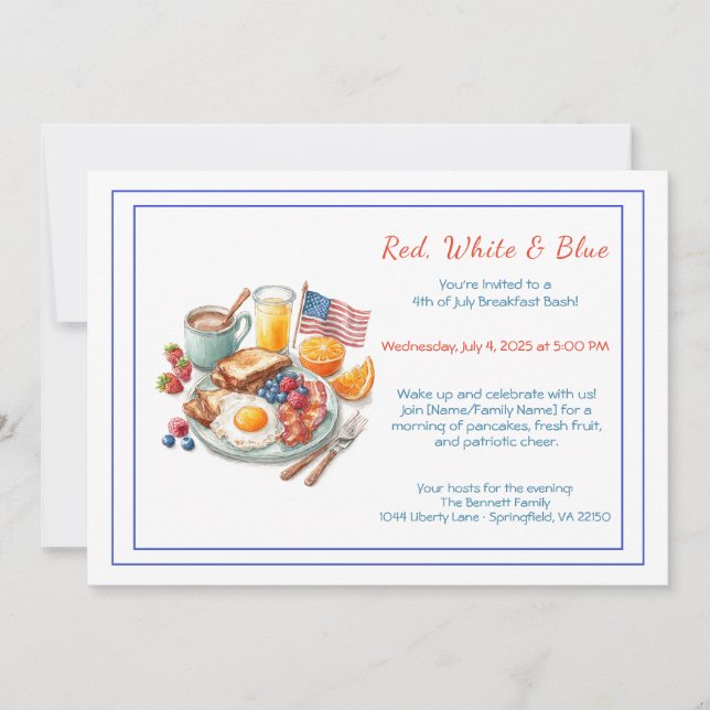 Convite 4th of July Breakfast Invitation – Patriotic  (Frente)
