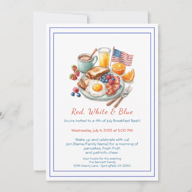 Convite 4th of July Breakfast Invitation – Patriotic  (Frente)