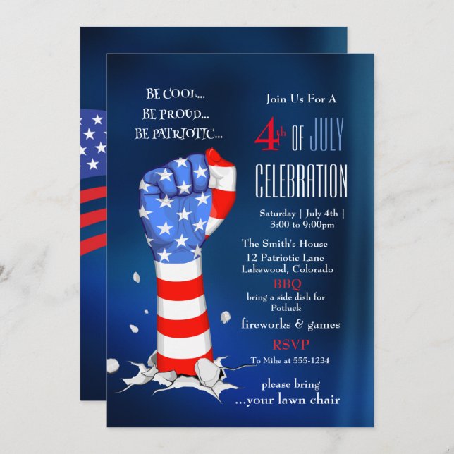 Convite 4th of July Celebration American Flag Fist (Frente/Verso)