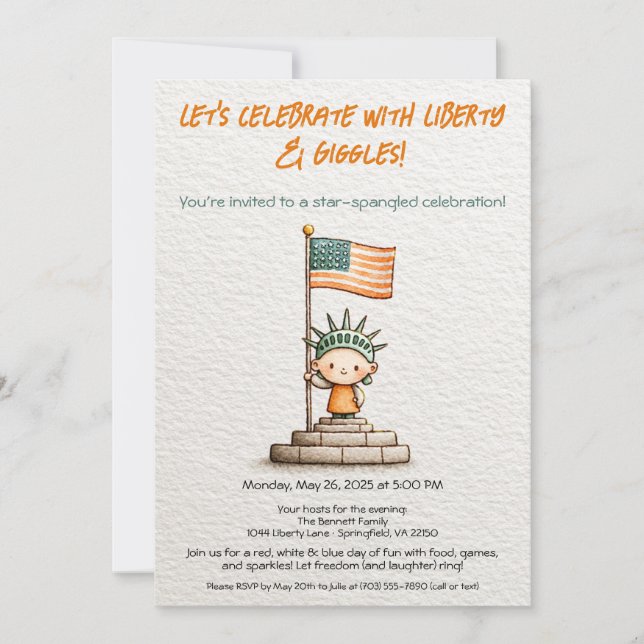 Convite 4th of July Kids Invitation – Cute Liberty  (Frente)