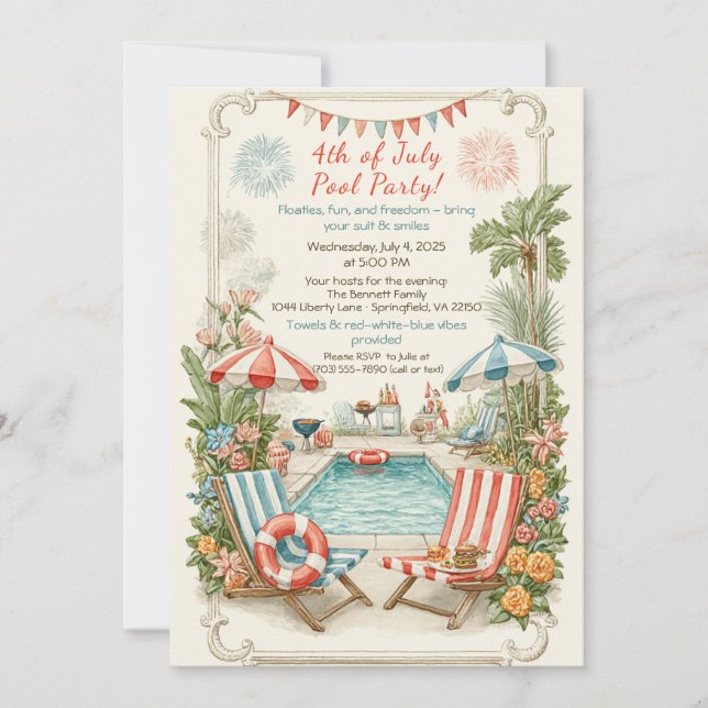 Convite 4th of July Pool Party Invitation – Elegant Line (Frente)