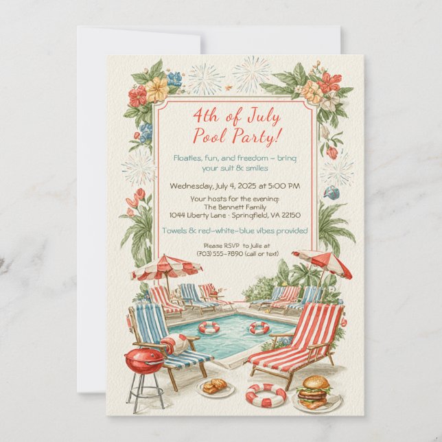 Convite 4th of July Pool Party Invitation – Elegant Line (Frente)