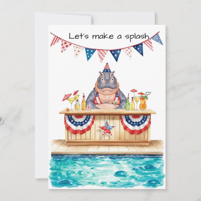 Convite 4th of July Pool Party with Hippo  (Frente)