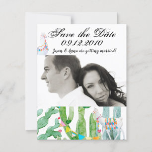 Convite 4x5 Salve a placa de data Boho Llama Bohemian Cact