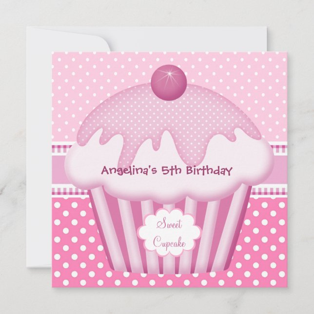 Convite 5º Cupcake Doce Branco Pontos Rosa Meninas (Frente)