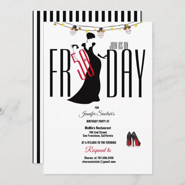 Convite 50ª Faixa de Festa de aniversário Estiletto Única (Frente/Verso)