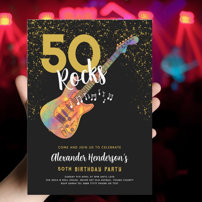 Convite 50ª Festa de aniversário 50 Rochas com brilho Dour (50th birthday black and gold glitter 50 Rocks party invitation with funky psychedelic guitar music)