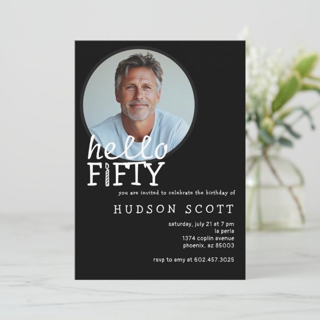 Convite 50ª Festa de aniversário Alô 50 Foto Preto Branco (Em pé/Frente)