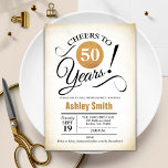 Convite 50ª Festa de aniversário - Branco preto-e-Dourado<br><div class="desc">50º convite de aniversário para homens ou mulheres. Cartão de convite elegante com folha de ouro falsa e fundo retrocremoso. Apresenta a fonte do script de tipografia. Saúde a 50 anos! Pode ser personalizado em qualquer ano. Perfeito para uma celebração de um dia adulto.</div>