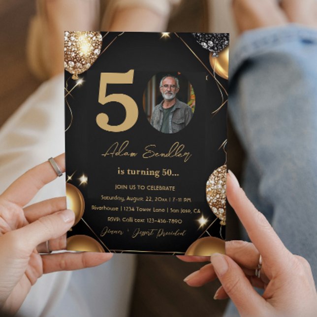 Convite 50ª festa de aniversário com balões e brilho (Criador carregado)