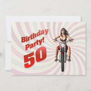 Convite 50ª festa de aniversário com uma garota em uma mot