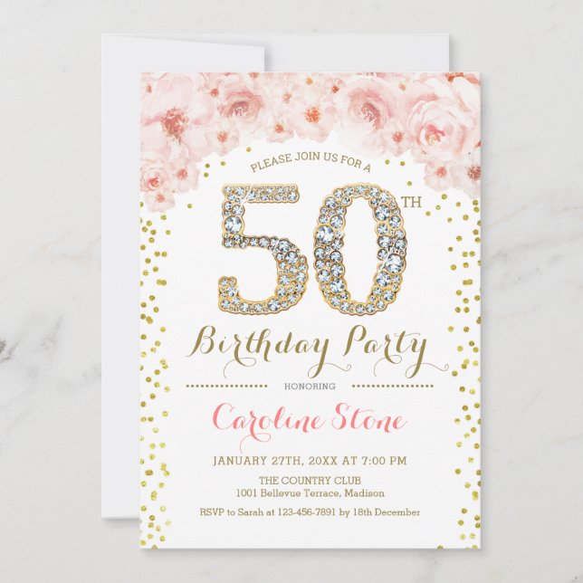 Convite 50ª Festa de aniversário - Cor-de-rosa Dourado bra (Frente)