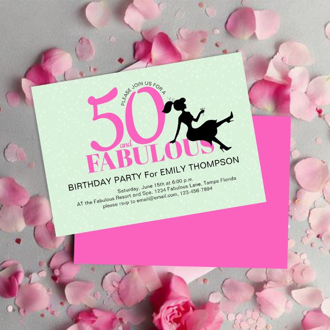 Convite 50ª Festa de aniversário, cor-de-rosa, personaliza (50th birthday party invitation with pink and green. )