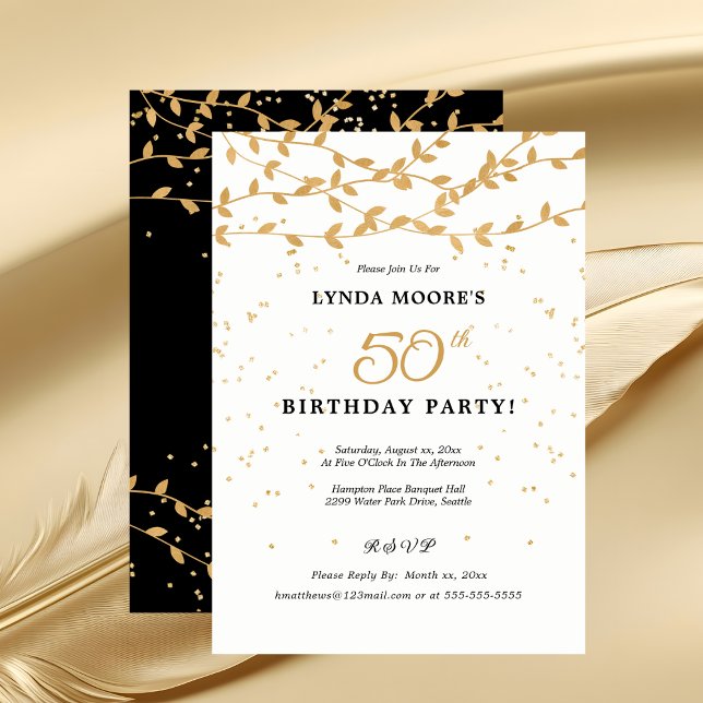 Convite 50ª Festa de aniversário de Folhas Douradas Elegan (Elegant 50th Birthday Party Gold Leaves Invitation)