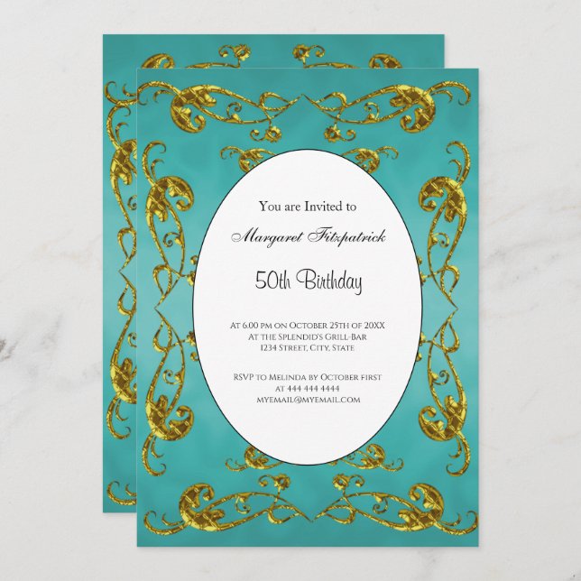 Convite 50ª Festa de aniversário de Teal Dourado clássico (Frente/Verso)