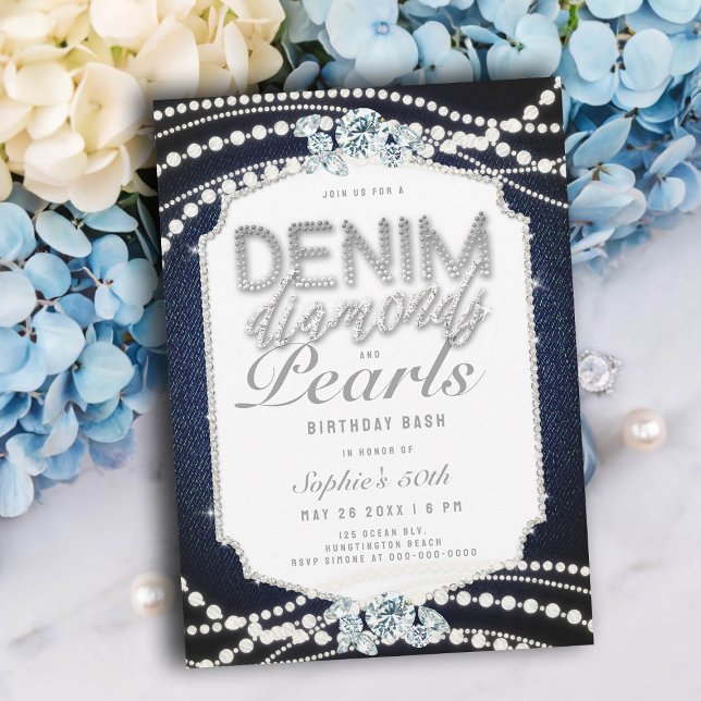 Convite 50ª Festa de aniversário Denim Diamantes Pearls Fr (denim and diamonds pearls 50th birthday invitations women elegant frame classy bling glitz glam chic)