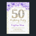 Convite 50ª Festa de aniversário - Dourado roxo branco<br><div class="desc">design de Elegante do Convite de aniversário 50º em ouro brilhante falso,  roxo e branco. Na moda floral com diamantes e rosas. Perfeito para uma comemoração de vidro. Envie-me uma mensagem se precisar de mais personalização.</div>