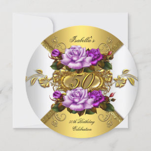 Convite 50ª Festa de aniversário Elegante Rosas Roxo Doura