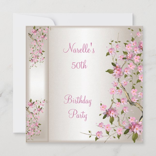 Convite 50ª Festa de aniversário Flor rosa-da-seda (Frente)