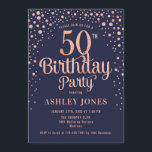 Convite 50ª Festa de aniversário - Marinho e Rosa Dourado<br><div class="desc">50º Convite de aniversário. Design elegante em azul marinho e ouro rosa brilhante. Possui fonte de script na moda e confetti. Envie-me uma mensagem se precisar de idade personalizada.</div>