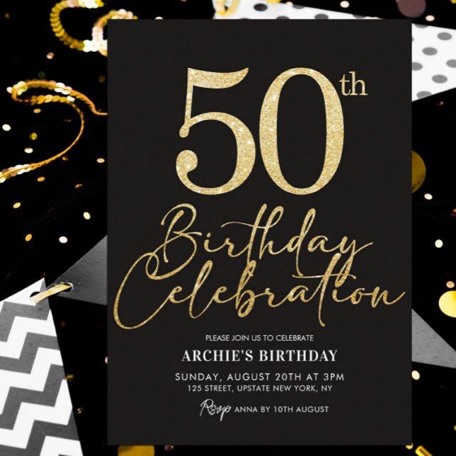 Convite 50ª Festa de aniversário, preto e brilhante Dourad (50th birthday invitation black and gold glitter template)