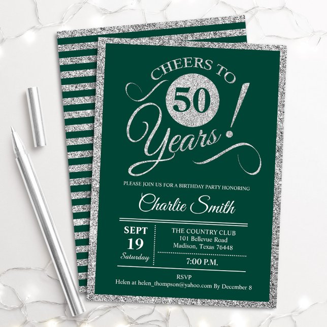 Convite 50ª Festa de aniversário - QUALQUER Prata Verde da (Criador carregado)