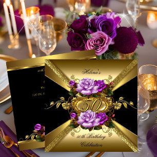 Convite 50ª Festa de aniversário Rosa preto Dourado roxo