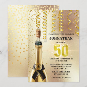 Convite 50ª festa elegante de vinho espumante com brilho 