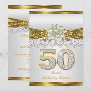 Convite 50ª Pérola Branca Renda Dourada Festa de Aniversár