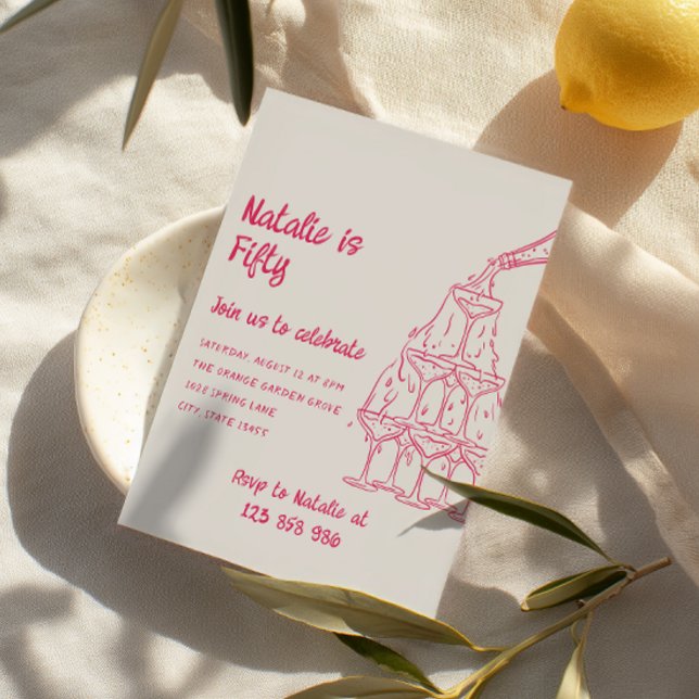 Convite 50ª Torre de Champanhe Rosa Desenhada Cinquenta An (Criador carregado)