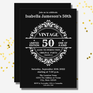 Convite 50ª Vintage Negra e Branca Pensava Aniversário