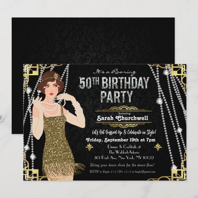 Convite 50º aniversário 1920 Gatsby Flapper Girl Aniversár (Frente/Verso)