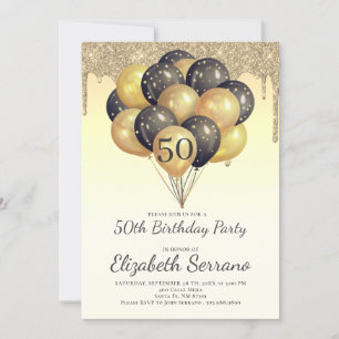 Convite 50º Aniversário, Balões Pretos Dourados, Glitter D