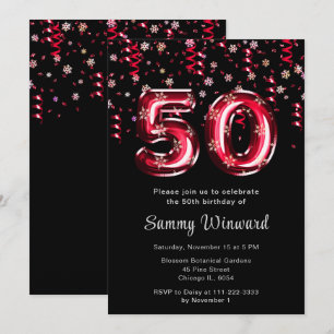 Convite 50º aniversário Balões vermelhos Snowflake Confett