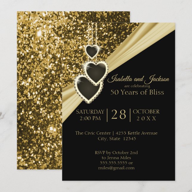 Convite 50º Aniversário Brilho Dourado (Frente/Verso)