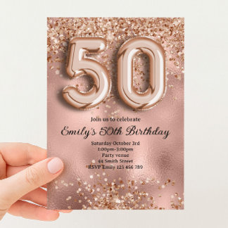 Convite 50º Aniversário Brilho Dourado Rosa