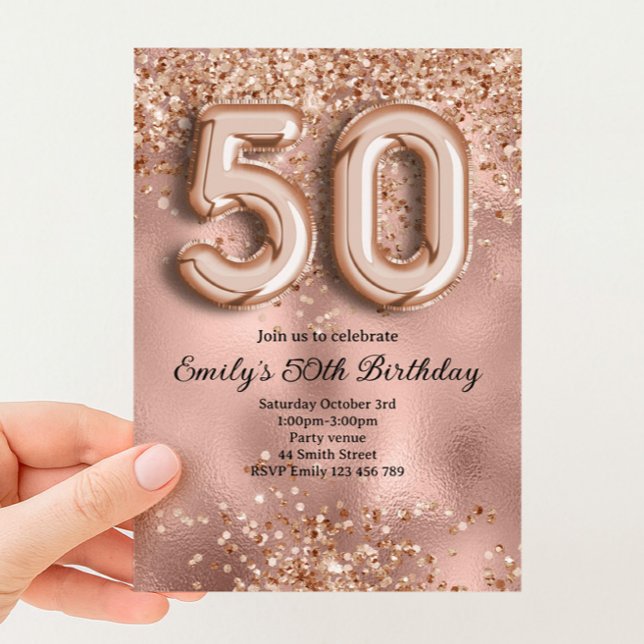 Convite 50º Aniversário Brilho Dourado Rosa (Criador carregado)
