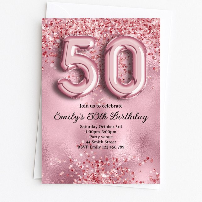Convite 50º Aniversário Brilho Rosa (Criador carregado)