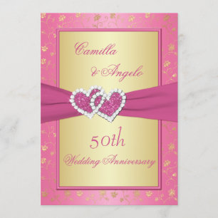 Convite 50º Aniversário Corações Unidos Rosa e Dourado