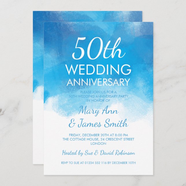 Convite 50º Aniversário da Casada - Blue Watercolor (Frente/Verso)