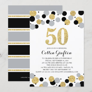 Convite 50º aniversário da Cinza Dourada Negra Confetti