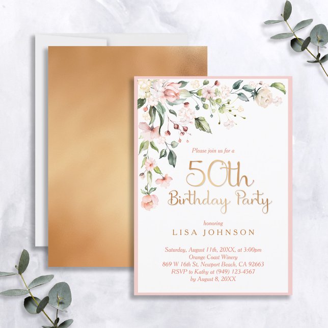 Convite 50º Aniversário da Mulher Floral Rosa Elegante e D (Easily personalize this birthday invitation with your personal details  for a very special event!)
