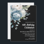 Convite 50º Aniversário da Mulher Negra Azul-Branca<br><div class="desc">Linda cor azul e branca da água floral no cartão postal do convite de aniversário 50º feminino preto. O texto é totalmente personalizável,  de modo que este cartão pode ser projetado para qualquer idade. Entre em contato comigo para obter assistência com a personalização ou para solicitar produtos correspondentes.</div>