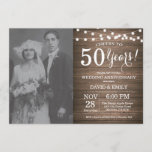 Convite 50º Aniversário da Rússia Madeira<br><div class="desc">Convite de aniversário de 50 anos de casamento com foto personalizada. Fundo Rustic Wood. Luzes de Corda. Preto e Branco. 1rua, segundo, 3º, 4º, 5, 10º, 15, 20, 25, 35º, 45º, 45º, 50º, 55º, 60º, 65º, 70, 75º, 80, Qualquer Ano. Aniversário Adulto. Mulher ou Festa de aniversário masculina. Para mais...</div>