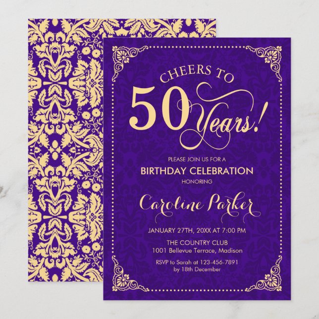 Convite 50º aniversário - Damasco Dourado Roxo (Frente/Verso)